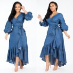 Ruffled Sleeve V-neck Dress